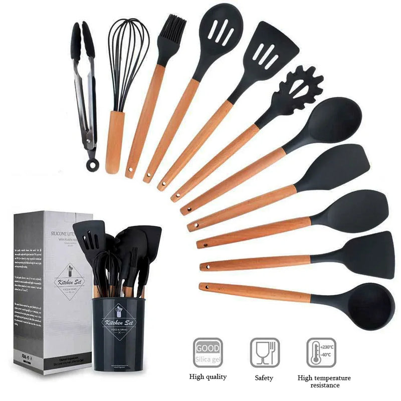 Conjunto de Utensílios de Cozinha de Silicone - 12 Peças de Utensílios de Cozinha Antiaderentes, Espátula, Pá, Batedores de Ovos com Cabo de Madeira.