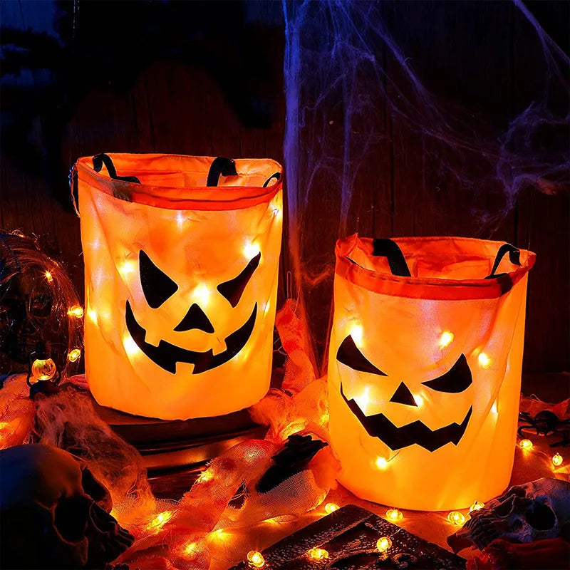 Cesta de Abóbora com Luz LED para Doces de Halloween