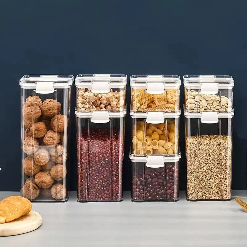 Caixa de Armazenamento de Alimentos Plástica Hermética: Pote para Cereal e Doces Secos com Tampa, Pote de Armazenamento para Refrigerador, Itens Domésticos, Organizador de Cozinha.