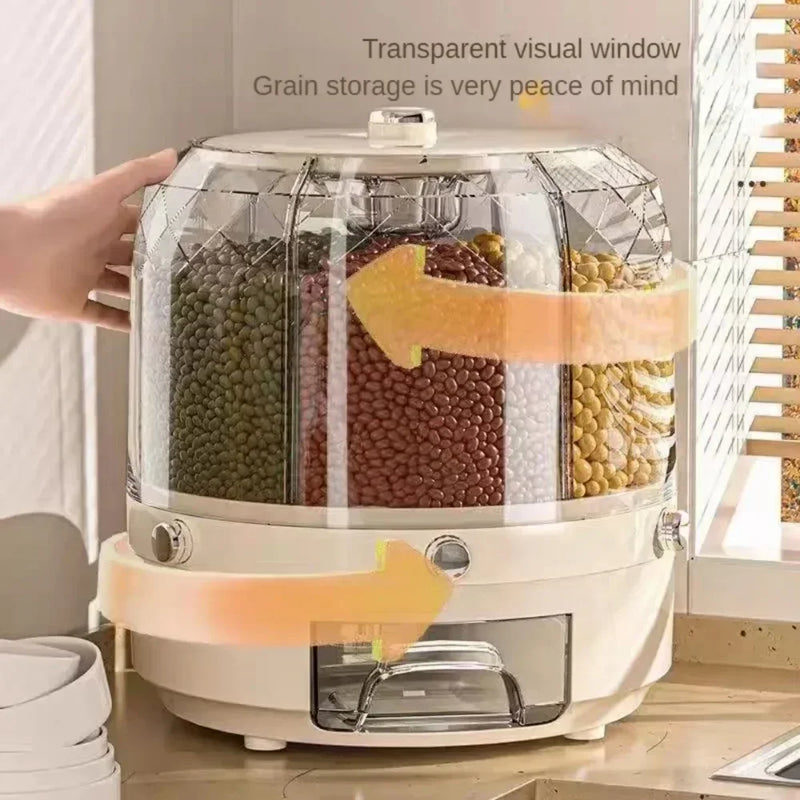 Caixa de Armazenamento de Cozinha Giratória 360°: Dispensador de Cereal, Grãos e Arroz, Balde Selado e à Prova de Umidade. Grande Recipiente de Armazenamento para Alimentos com Tampa Organizadora.