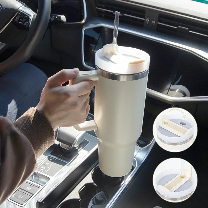 Copo Térmico de Café com Canudo de 40oz e Alça, Garrafa de Água Portátil para Carro em Aço Inoxidável com Grande Capacidade, Ideal para Viagens, BPA Free.