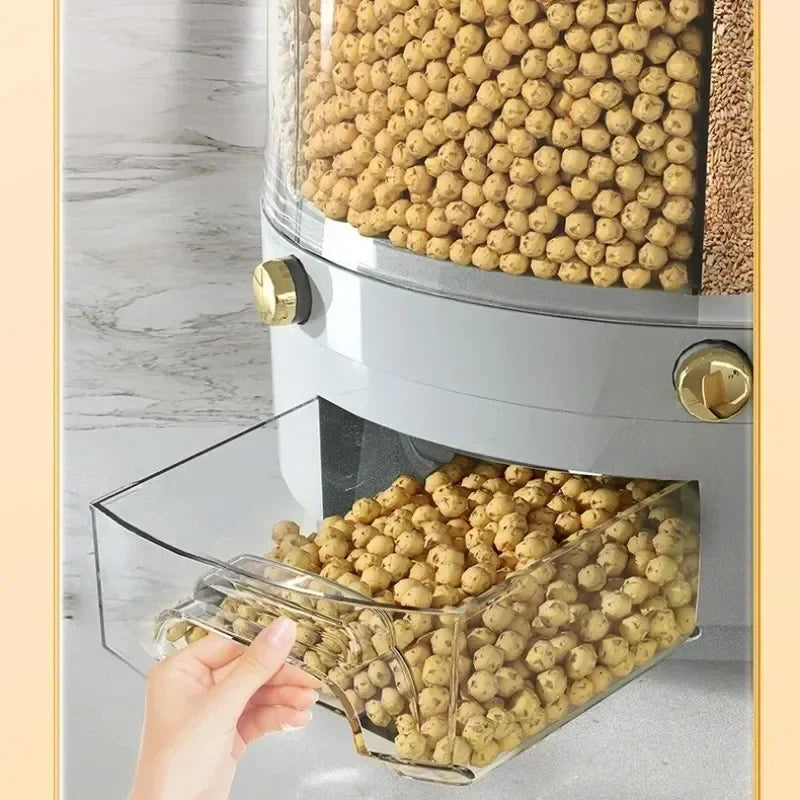 Caixa de Armazenamento de Cozinha Giratória 360°: Dispensador de Cereal, Grãos e Arroz, Balde Selado e à Prova de Umidade. Grande Recipiente de Armazenamento para Alimentos com Tampa Organizadora.