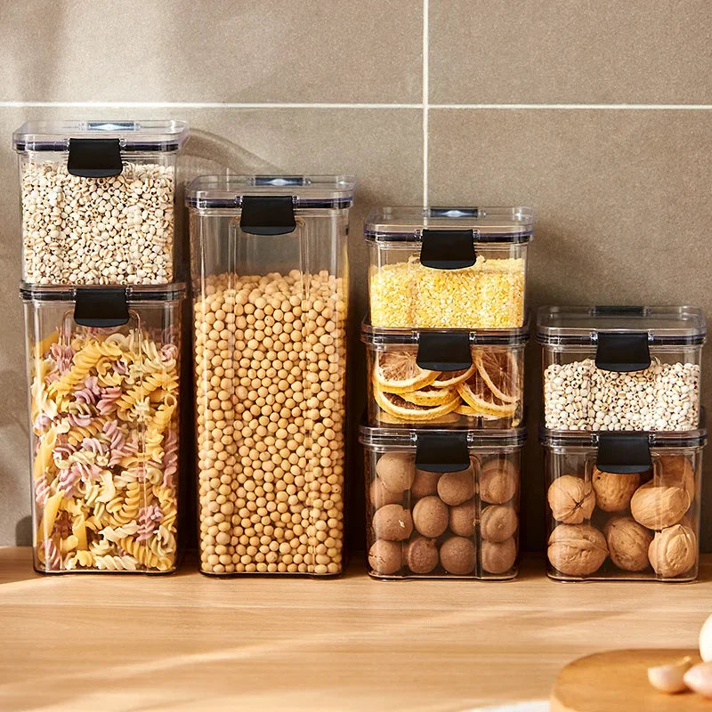 Caixa de Armazenamento de Alimentos Plástica Hermética: Pote para Cereal e Doces Secos com Tampa, Pote de Armazenamento para Refrigerador, Itens Domésticos, Organizador de Cozinha.