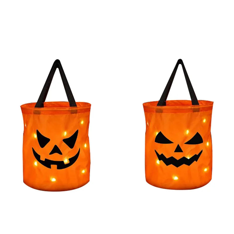 Cesta de Abóbora com Luz LED para Doces de Halloween