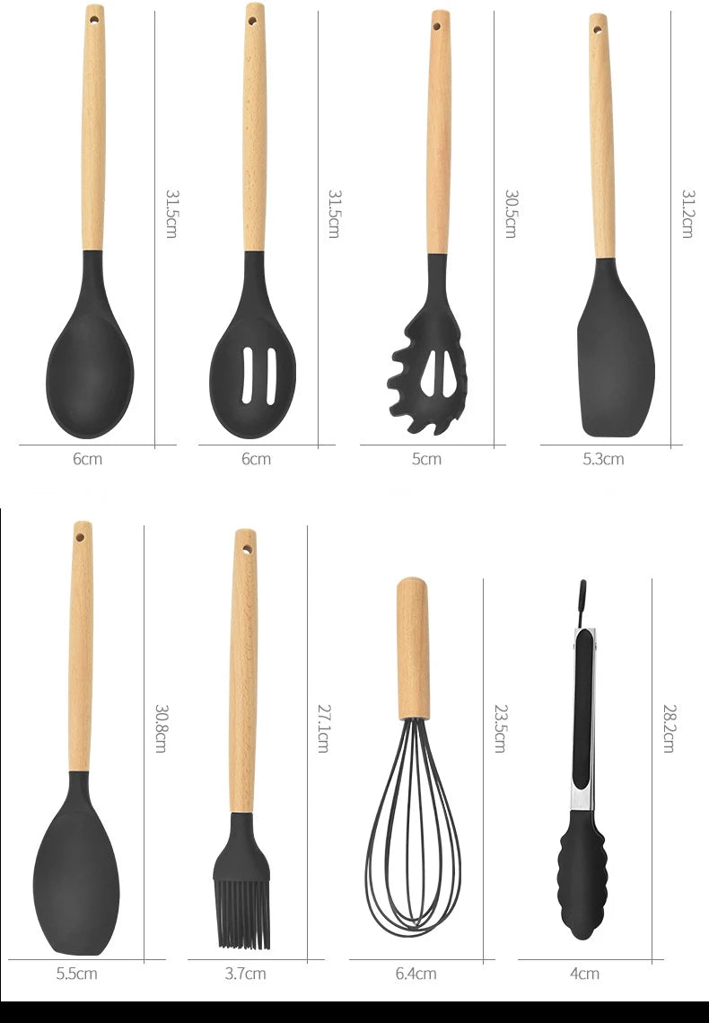 Conjunto de Utensílios de Cozinha de Silicone - 12 Peças de Utensílios de Cozinha Antiaderentes, Espátula, Pá, Batedores de Ovos com Cabo de Madeira.