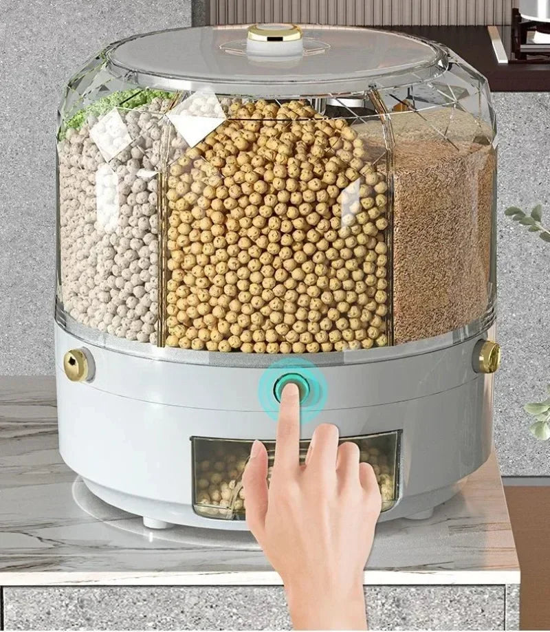 Caixa de Armazenamento de Cozinha Giratória 360°: Dispensador de Cereal, Grãos e Arroz, Balde Selado e à Prova de Umidade. Grande Recipiente de Armazenamento para Alimentos com Tampa Organizadora.