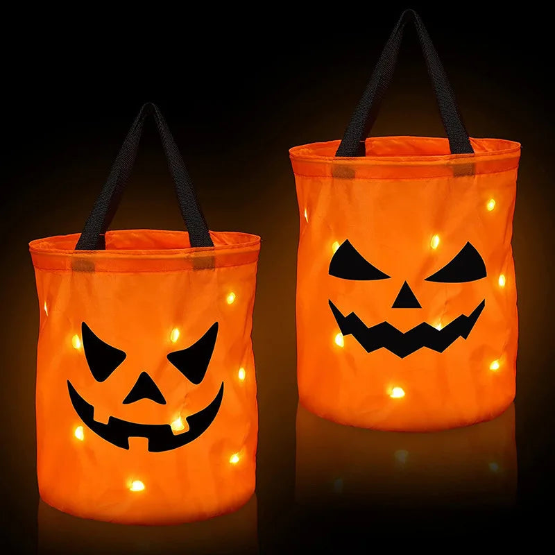 Cesta de Abóbora com Luz LED para Doces de Halloween