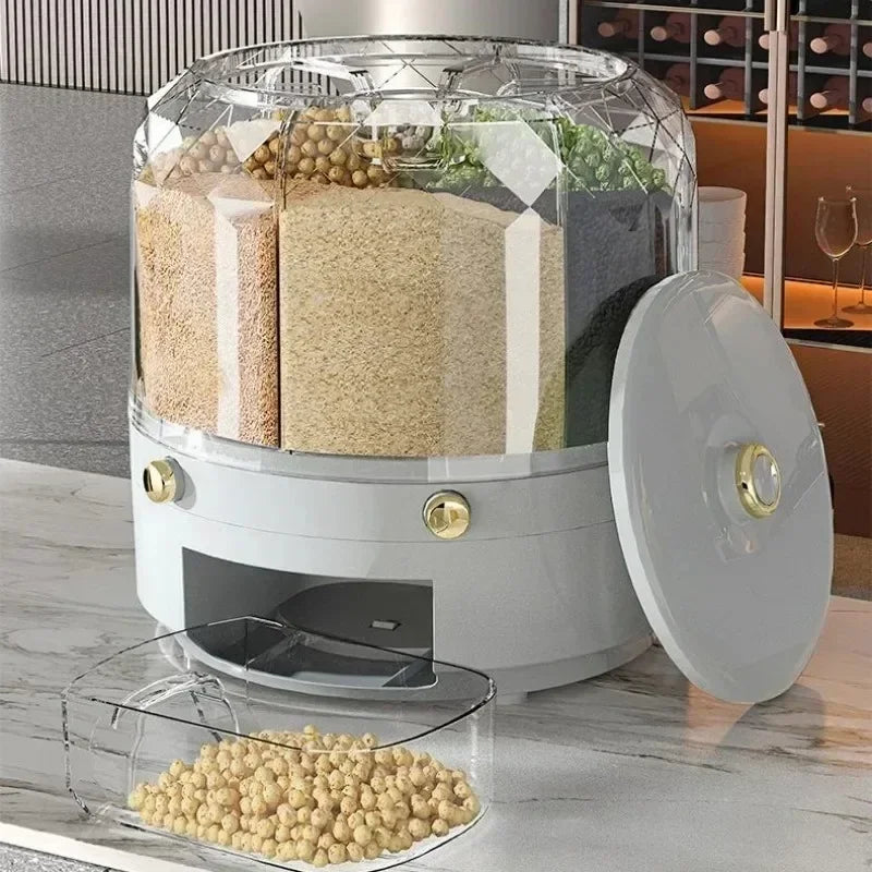 Caixa de Armazenamento de Cozinha Giratória 360°: Dispensador de Cereal, Grãos e Arroz, Balde Selado e à Prova de Umidade. Grande Recipiente de Armazenamento para Alimentos com Tampa Organizadora.