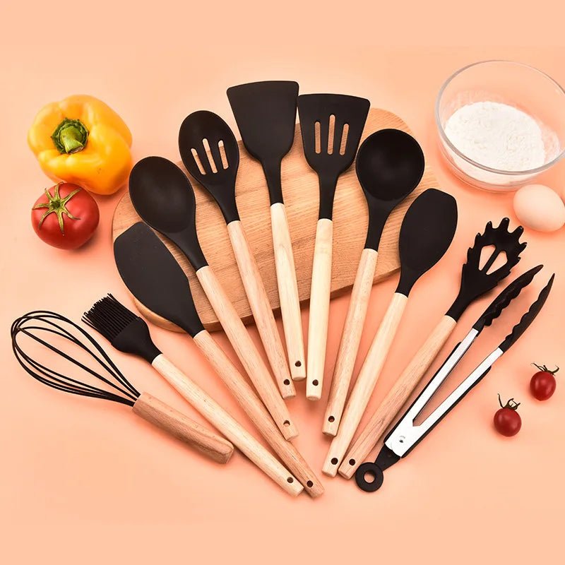 Conjunto de Utensílios de Cozinha de Silicone - 12 Peças de Utensílios de Cozinha Antiaderentes, Espátula, Pá, Batedores de Ovos com Cabo de Madeira.