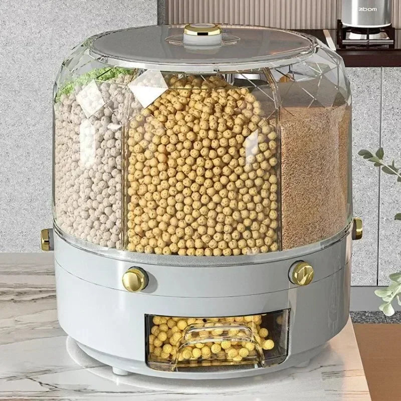 Caixa de Armazenamento de Cozinha Giratória 360°: Dispensador de Cereal, Grãos e Arroz, Balde Selado e à Prova de Umidade. Grande Recipiente de Armazenamento para Alimentos com Tampa Organizadora.