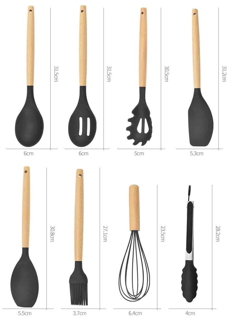 Conjunto de Utensílios de Cozinha de Silicone - 12 Peças de Utensílios de Cozinha Antiaderentes, Espátula, Pá, Batedores de Ovos com Cabo de Madeira.