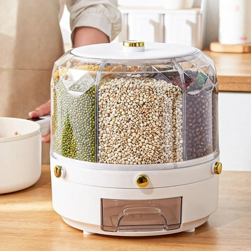 Caixa de Armazenamento de Cozinha Giratória 360°: Dispensador de Cereal, Grãos e Arroz, Balde Selado e à Prova de Umidade. Grande Recipiente de Armazenamento para Alimentos com Tampa Organizadora.