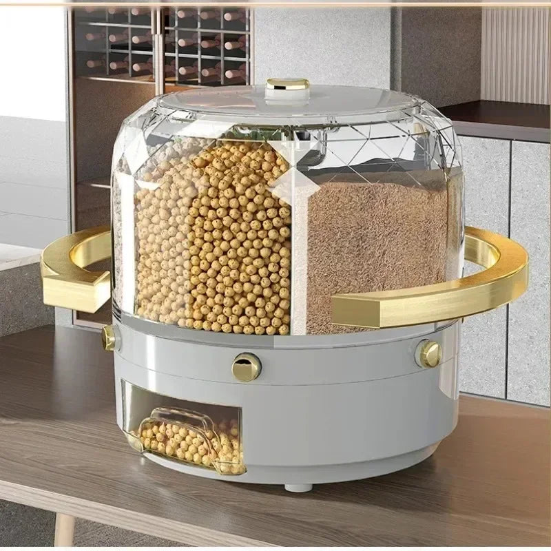 Caixa de Armazenamento de Cozinha Giratória 360°: Dispensador de Cereal, Grãos e Arroz, Balde Selado e à Prova de Umidade. Grande Recipiente de Armazenamento para Alimentos com Tampa Organizadora.