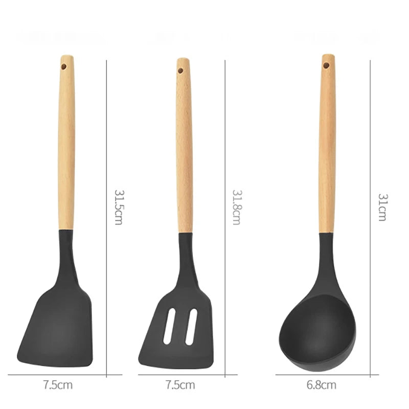 Conjunto de Utensílios de Cozinha de Silicone - 12 Peças de Utensílios de Cozinha Antiaderentes, Espátula, Pá, Batedores de Ovos com Cabo de Madeira.